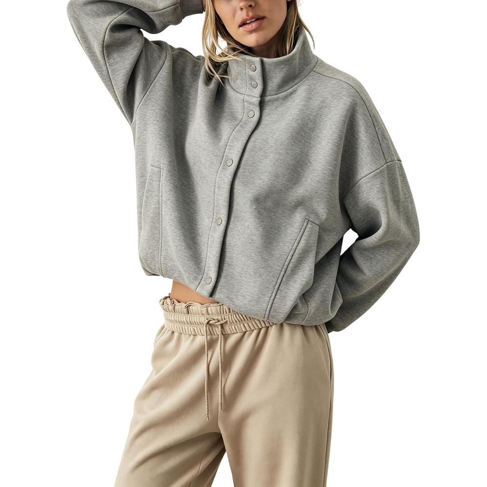 image:imageWomens Bomber Jacket Oversized Windbreaker Funnel Neck Cropped CoatGrey