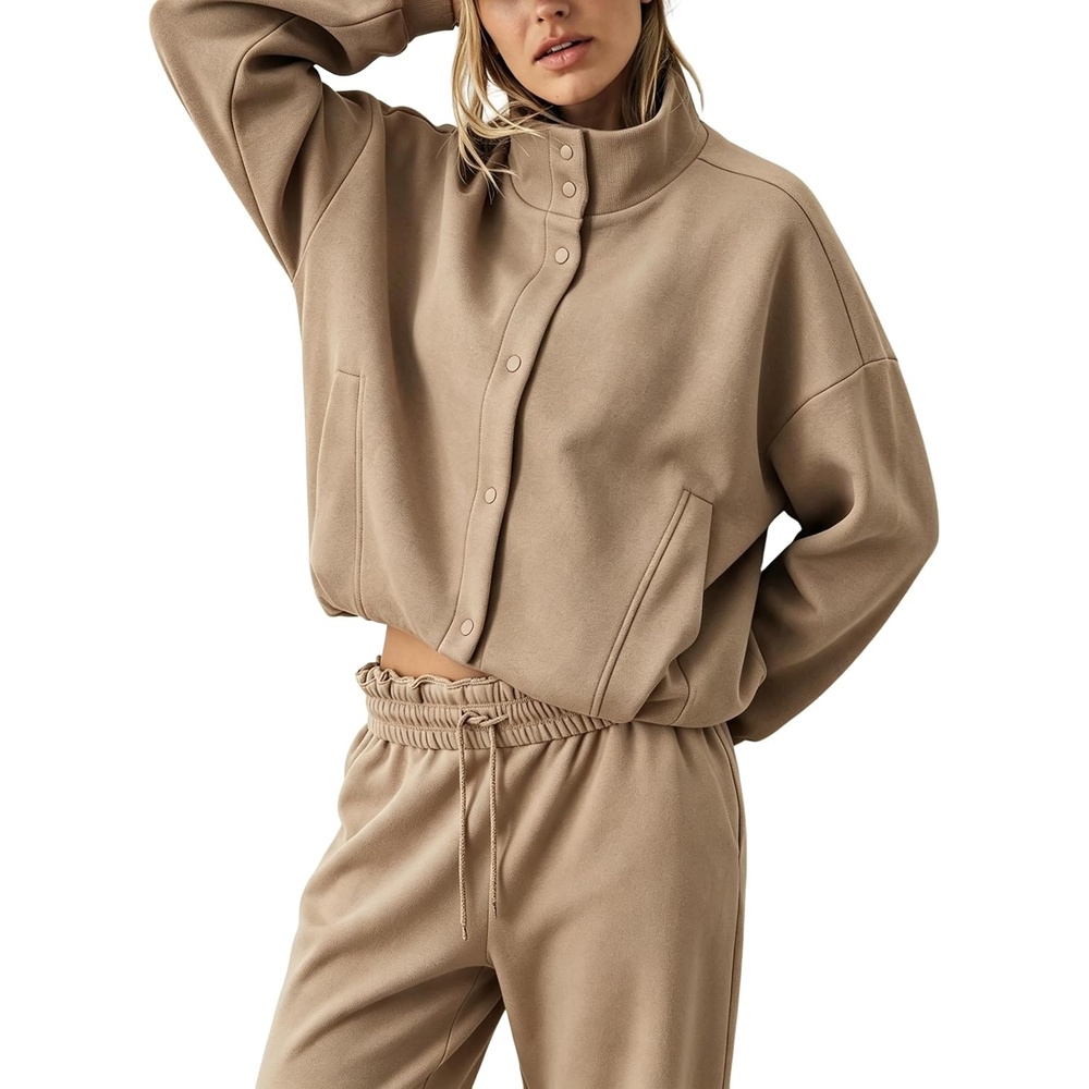 image:imageWomens Bomber Jacket Oversized Windbreaker Funnel Neck Cropped CoatKhaki