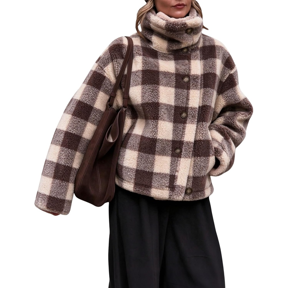 image:imageWomens Buffalo Plaid Sherpa Fleece Jackets Funnel Neck Warm CoatCoffee