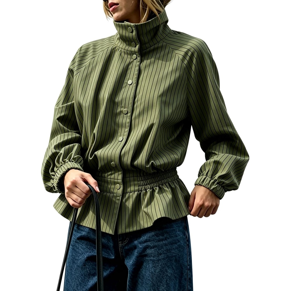 image:imageWomens Casual Striped Jacket Stand Collar Button Down Cropped CoatArmygreen