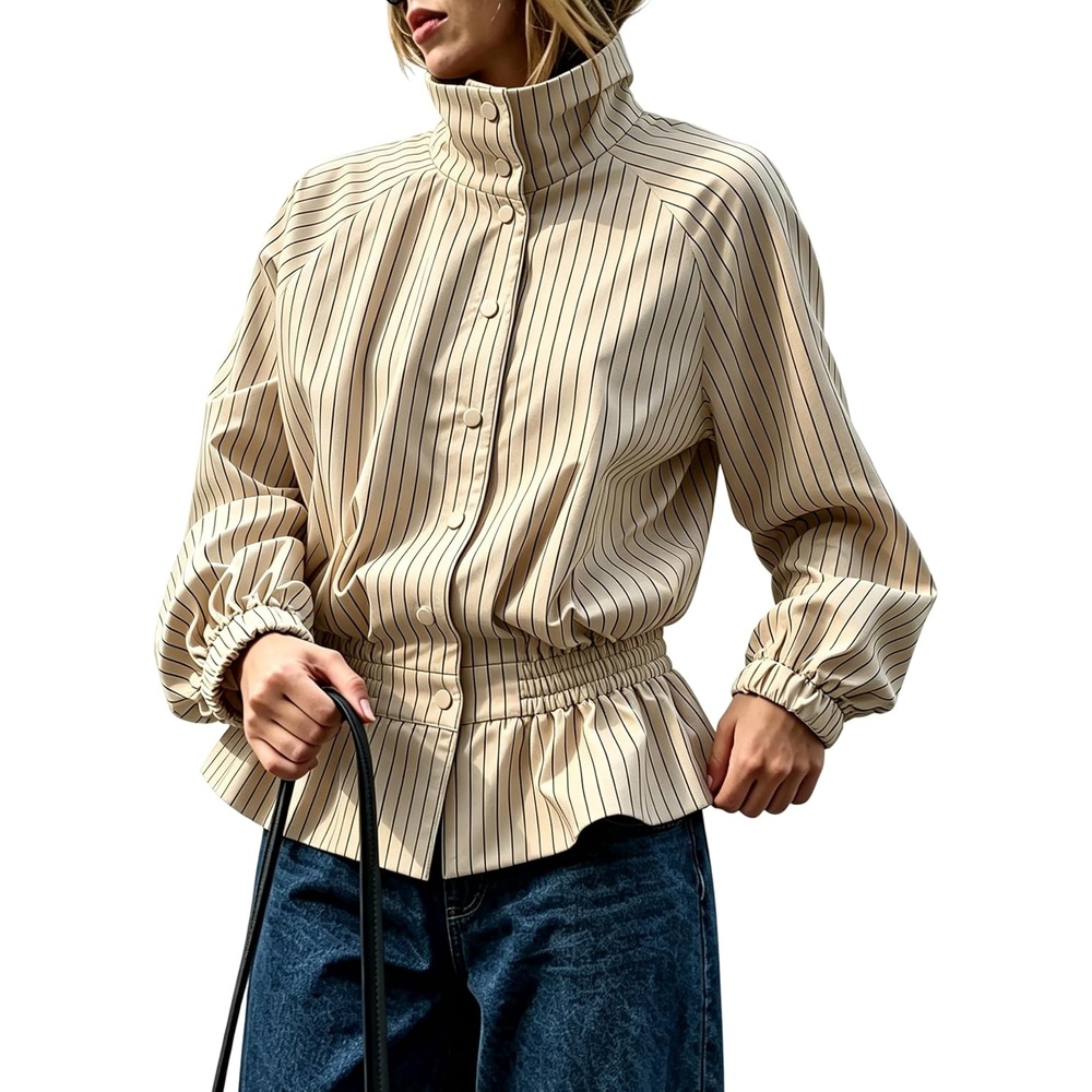 image:imageWomens Casual Striped Jacket Stand Collar Button Down Cropped CoatBeige