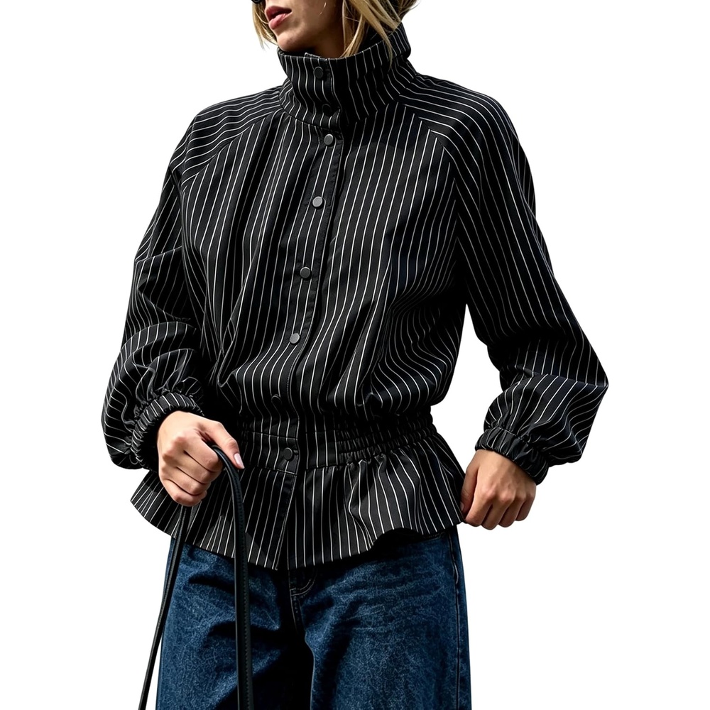 image:imageWomens Casual Striped Jacket Stand Collar Button Down Cropped CoatBlack