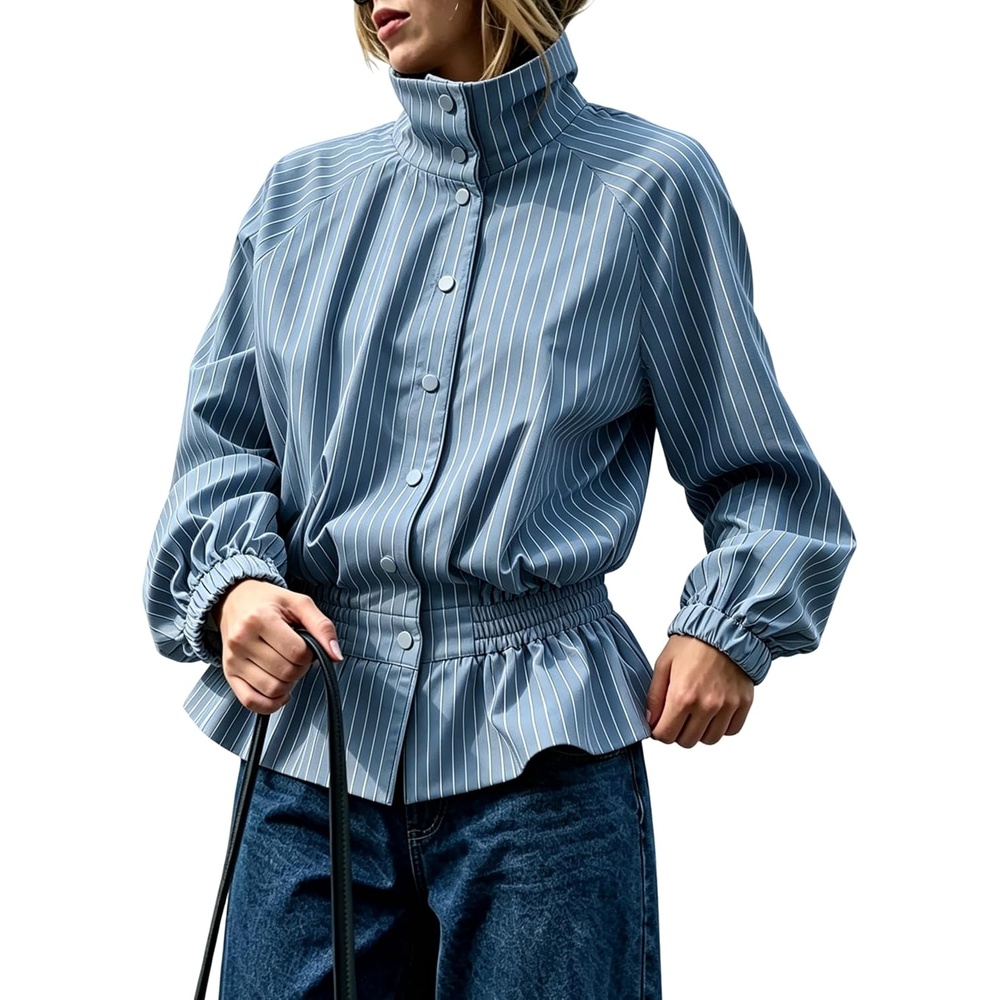 image:imageWomens Casual Striped Jacket Stand Collar Button Down Cropped CoatDustyblue