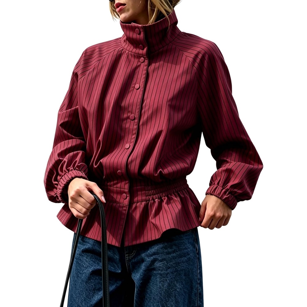 image:imageWomens Casual Striped Jacket Stand Collar Button Down Cropped CoatRed