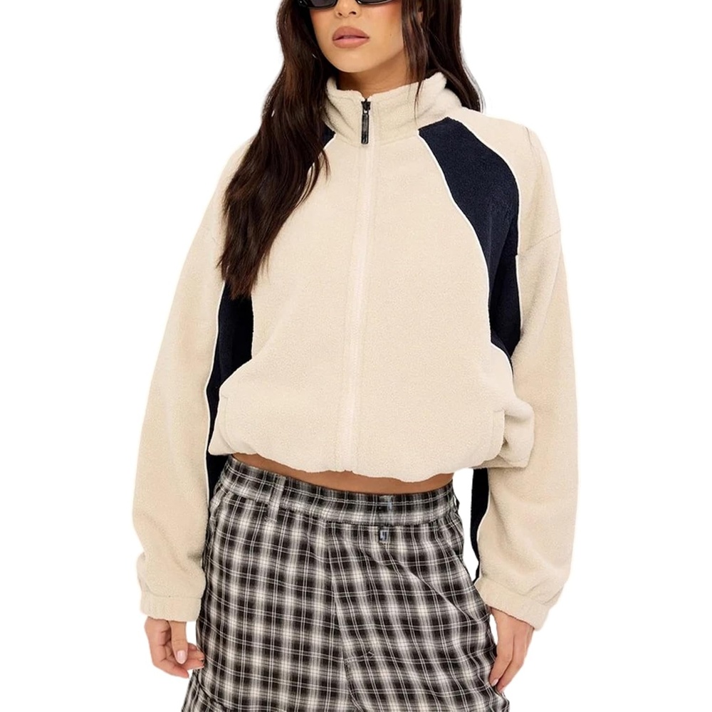 image:imageWomens Color Block Fleece Jacket Stand Collar Zip Up Track CoatApricot