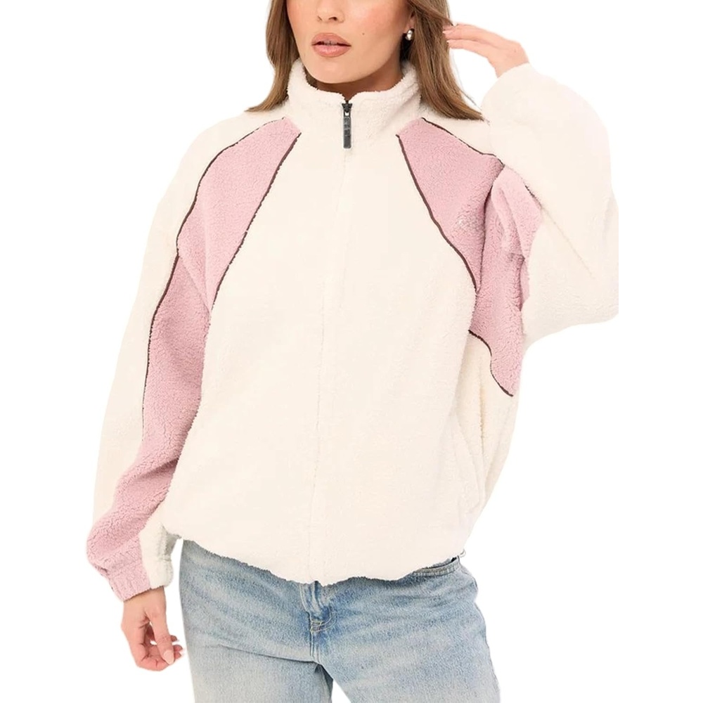 image:imageWomens Color Block Fleece Jacket Stand Collar Zip Up Track CoatBeige