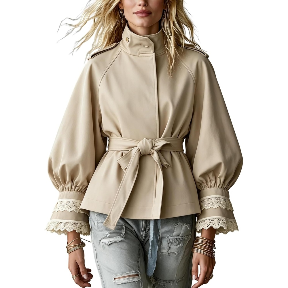 image:imageWomens Cropped Trench Coat Casual Jacket Lace Cuff Belted WaistApricot