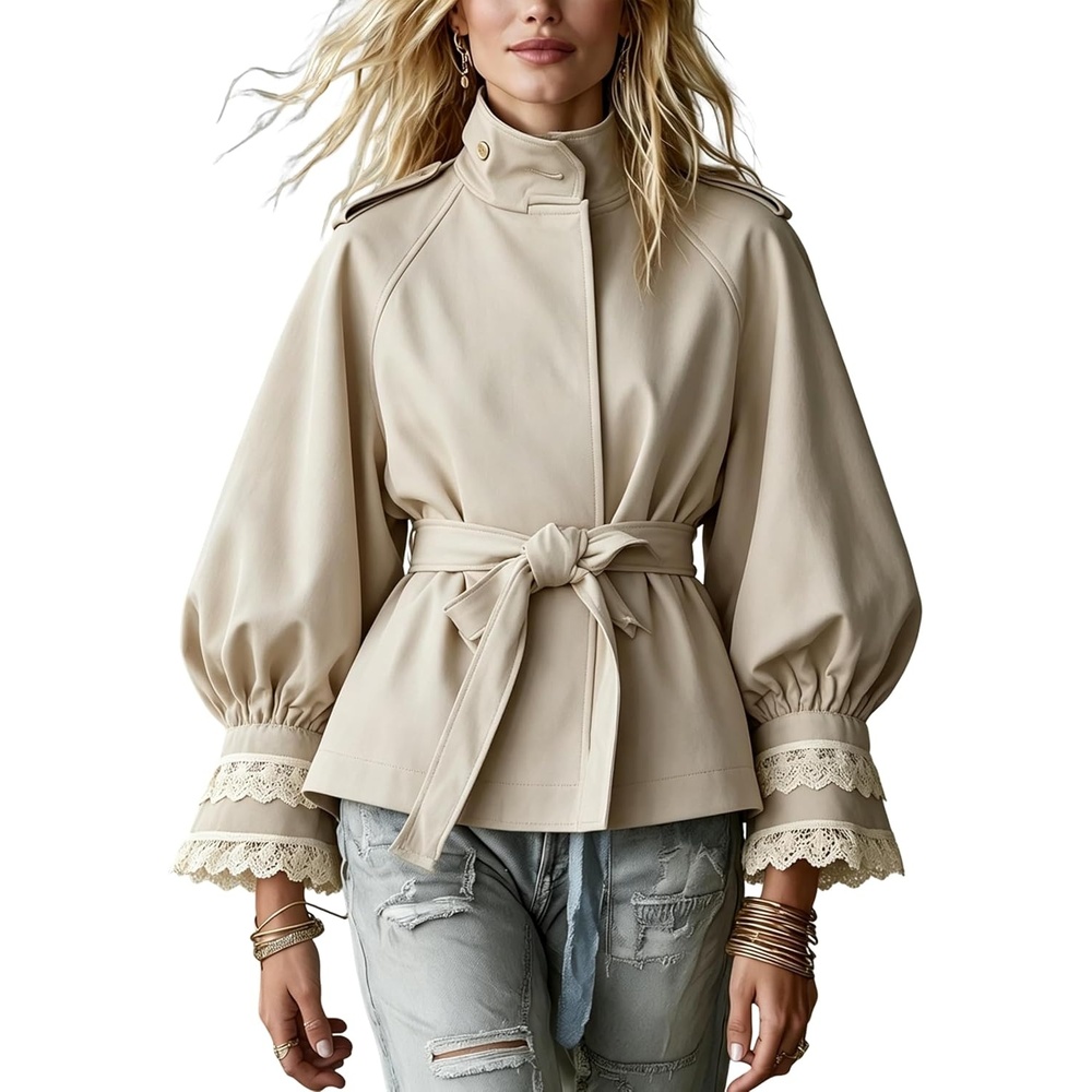image:imageWomens Cropped Trench Coat Casual Jacket Lace Cuff Belted WaistBeige