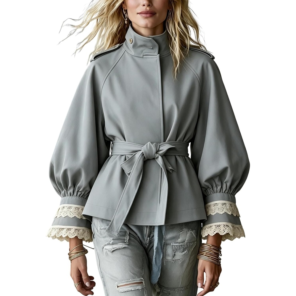 image:imageWomens Cropped Trench Coat Casual Jacket Lace Cuff Belted WaistBluegrey