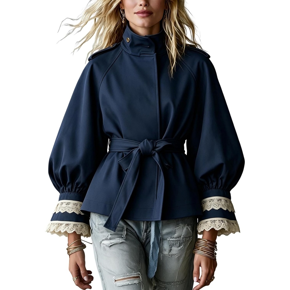 image:imageWomens Cropped Trench Coat Casual Jacket Lace Cuff Belted WaistNavy