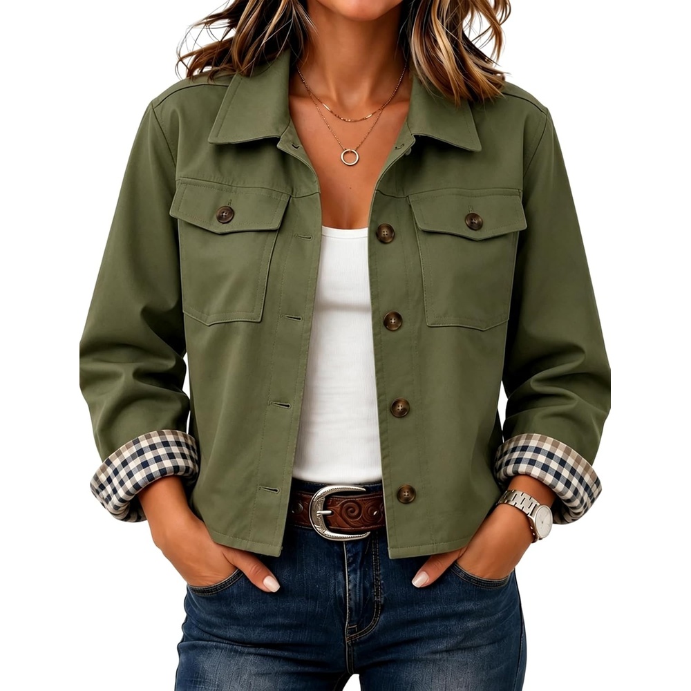 image:imageWomens Cropped Trench Jacket Button Down Plaid Lined CoatArmygreen