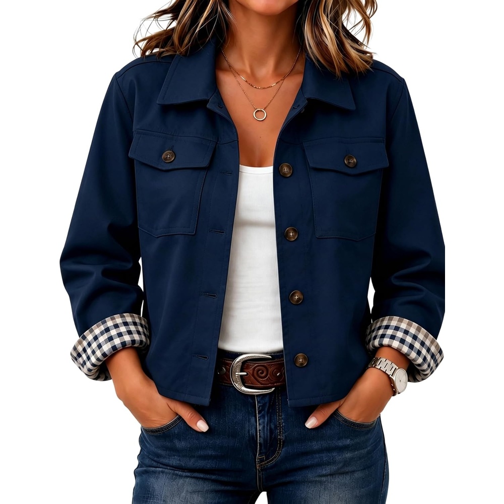 image:imageWomens Cropped Trench Jacket Button Down Plaid Lined CoatNavy
