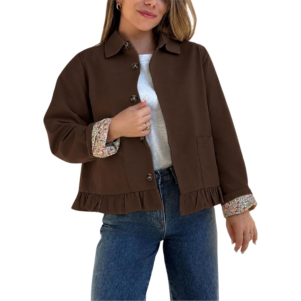 image:imageWomens Cropped Trench Jacket Ruffle Hem Floral Lined CoatCoffee