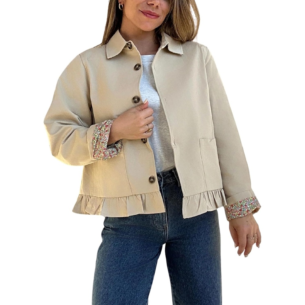image:imageWomens Cropped Trench Jacket Ruffle Hem Floral Lined CoatLightkhaki