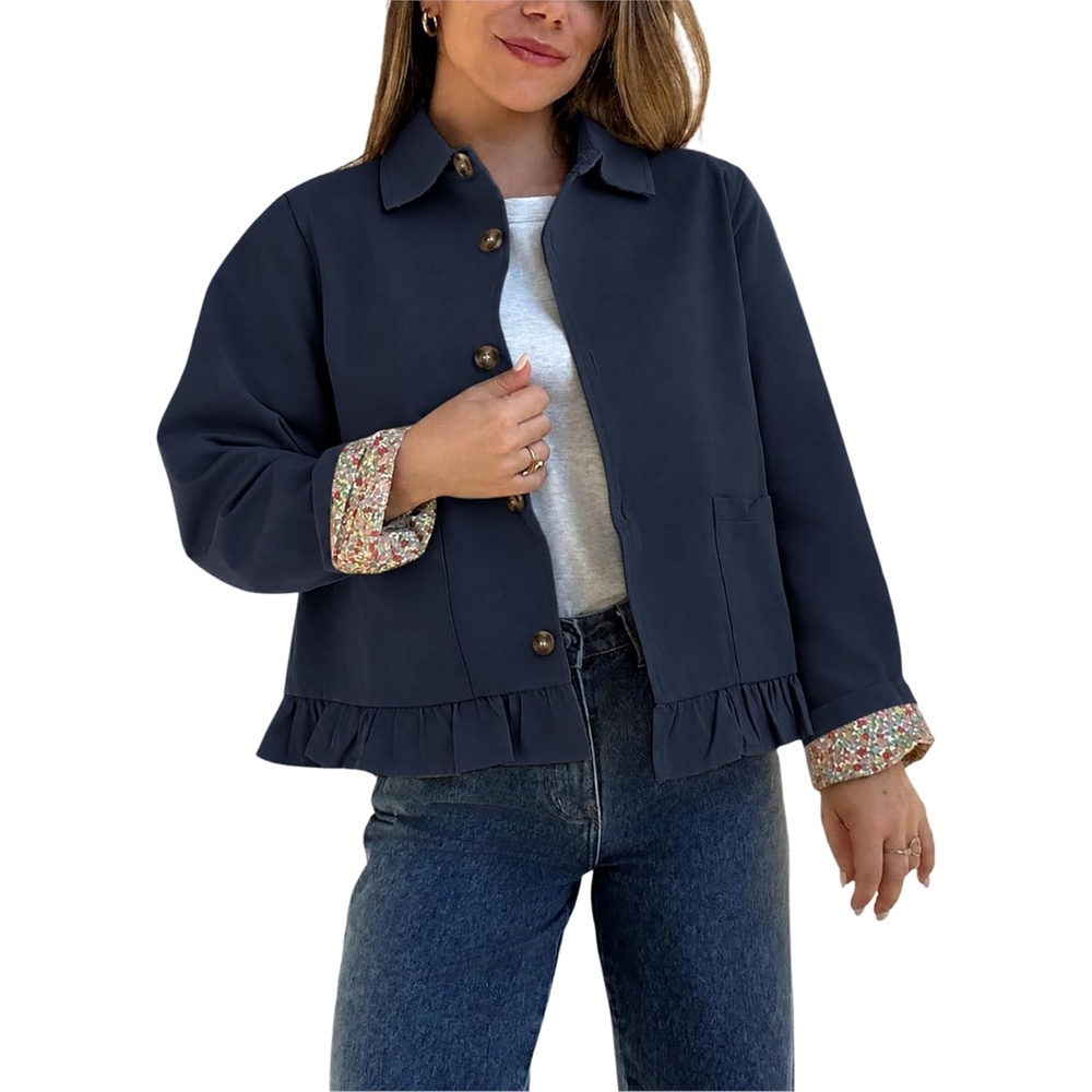 image:imageWomens Cropped Trench Jacket Ruffle Hem Floral Lined CoatNavy