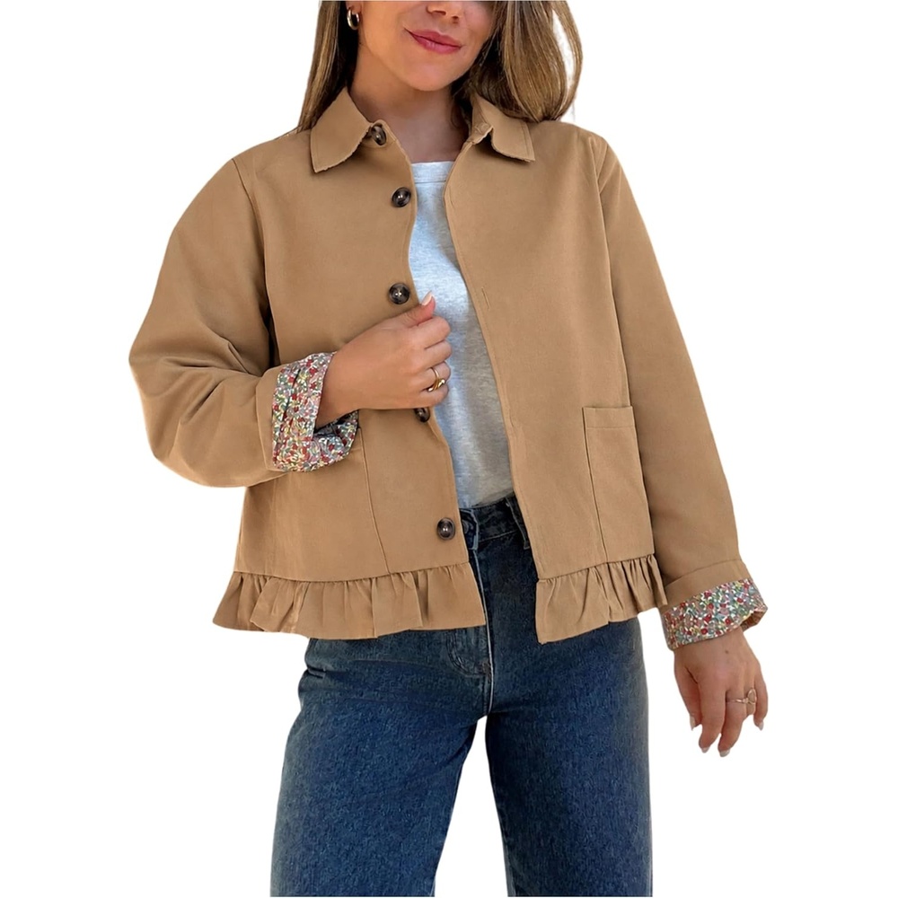 image:imageWomens Cropped Trench Jacket Ruffle Hem Floral Lined CoatTan