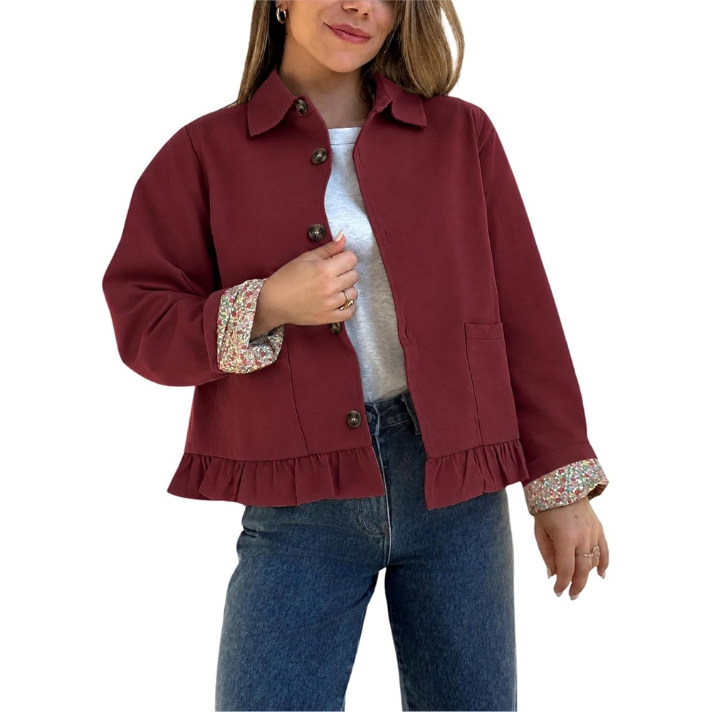 image:imageWomens Cropped Trench Jacket Ruffle Hem Floral Lined CoatWine