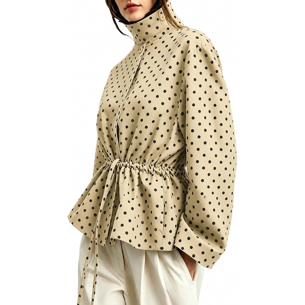 image:imageWomens Drawstring Polka Dot Jackets Funnel Neck Button Down Short Casual Lightweight Parka Coat with PocketsKhaki