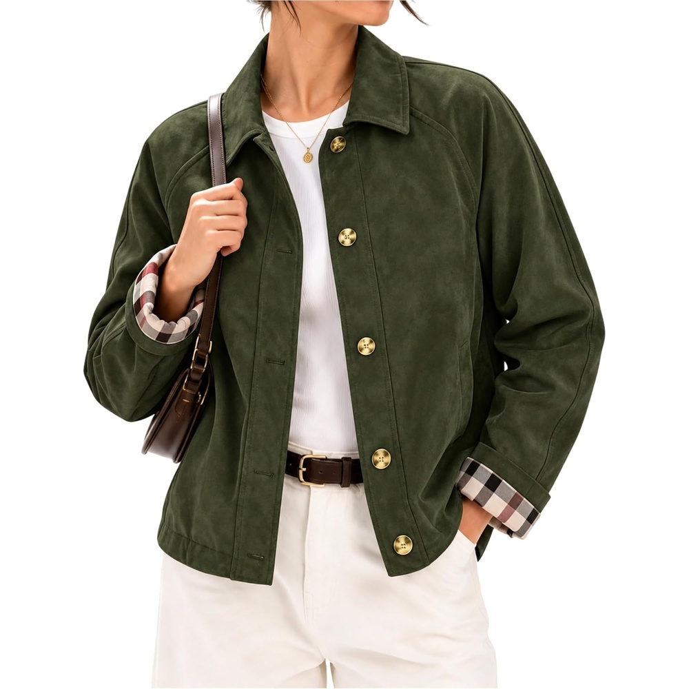image:imageWomens Faux Suede Trench Jacket Plaid Lining Button Casual CoatArmygreen