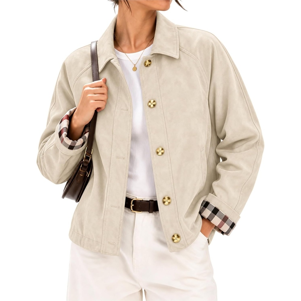 image:imageWomens Faux Suede Trench Jacket Plaid Lining Button Casual CoatBeige