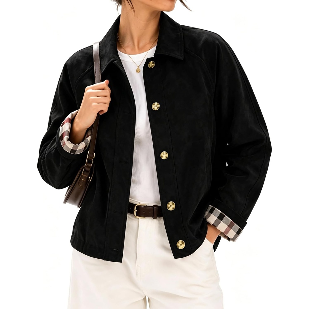 image:imageWomens Faux Suede Trench Jacket Plaid Lining Button Casual CoatBlack