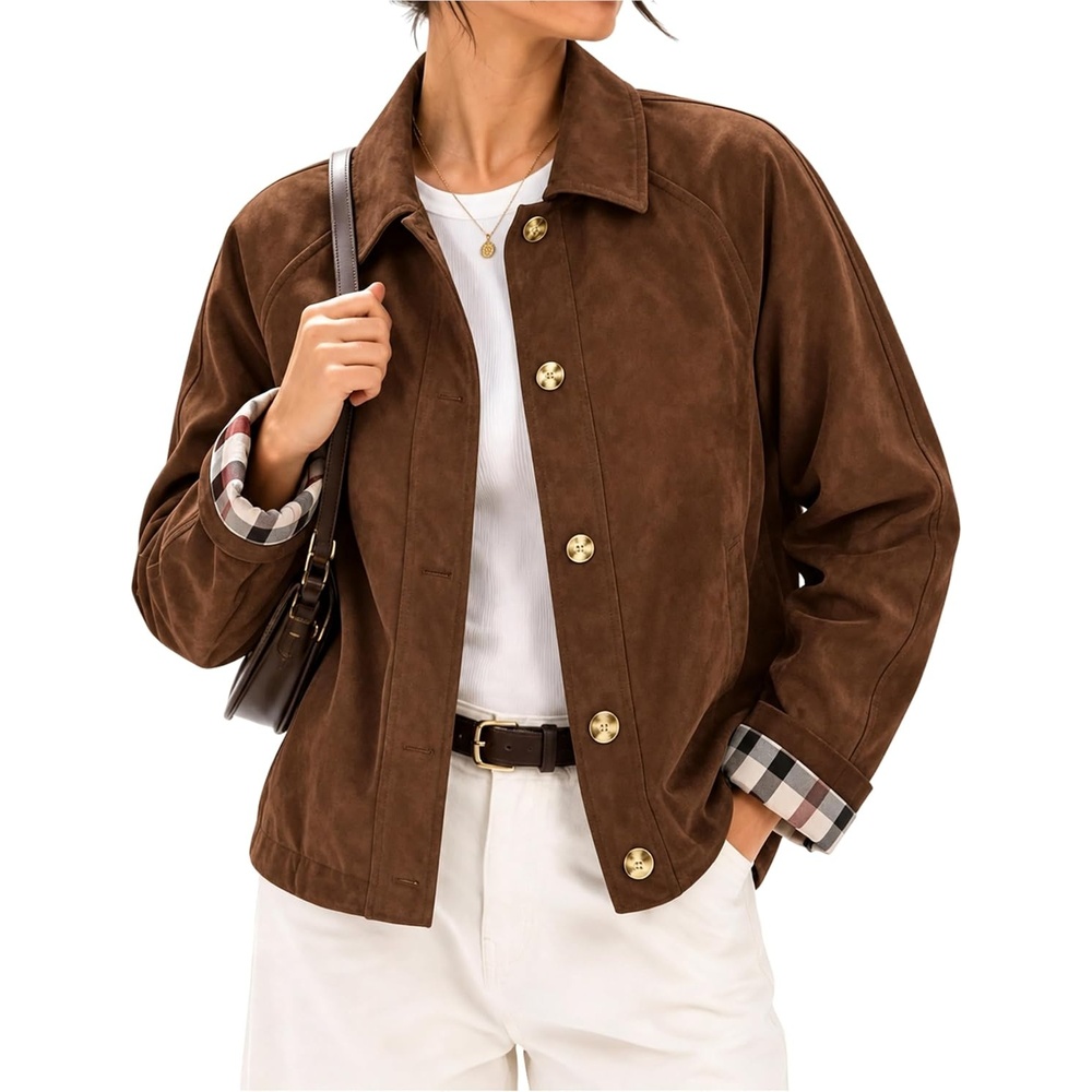 image:imageWomens Faux Suede Trench Jacket Plaid Lining Button Casual CoatBrown