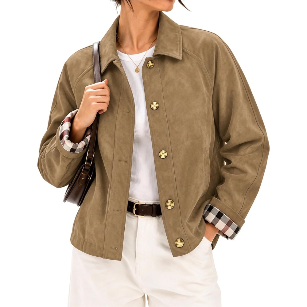 image:imageWomens Faux Suede Trench Jacket Plaid Lining Button Casual CoatKhaki