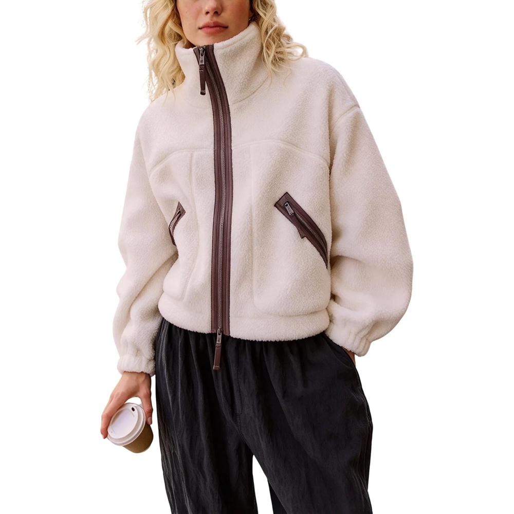 image:imageWomens Fleece Cropped Jacket Funnel Neck Zip Up Fuzzy Teddy CoatBeige