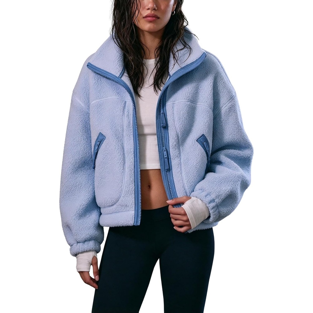 image:imageWomens Fleece Cropped Jacket Funnel Neck Zip Up Fuzzy Teddy CoatBlue
