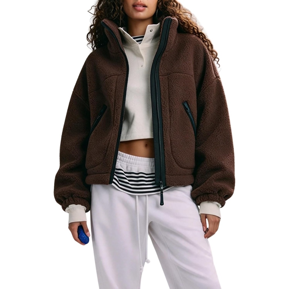 image:imageWomens Fleece Cropped Jacket Funnel Neck Zip Up Fuzzy Teddy CoatBrown