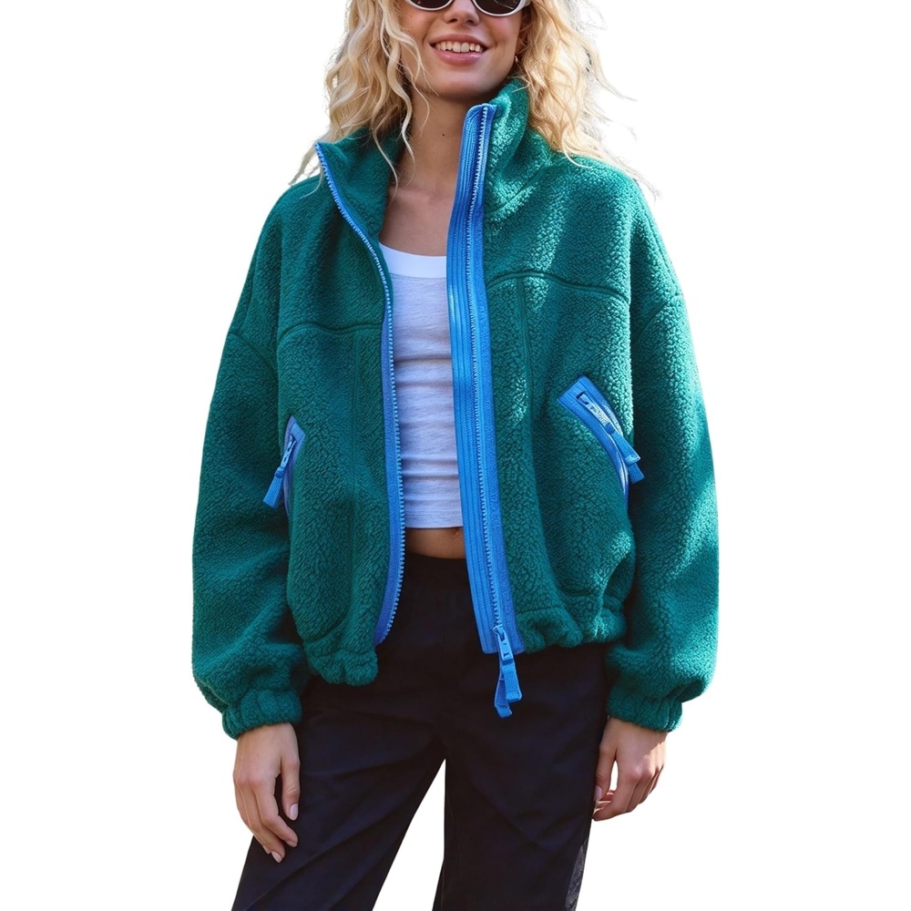 image:imageWomens Fleece Cropped Jacket Funnel Neck Zip Up Fuzzy Teddy CoatGreen