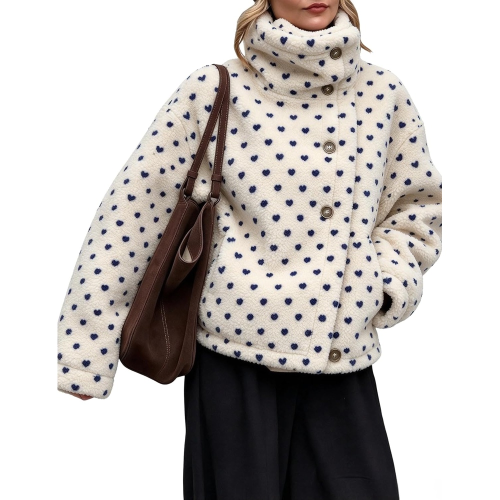 image:imageWomens Heart Print Sherpa Fleece Jacket Button Down Teddy CoatBeige