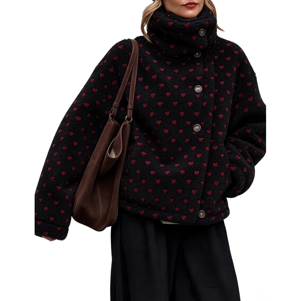 image:imageWomens Heart Print Sherpa Fleece Jacket Button Down Teddy CoatBlack