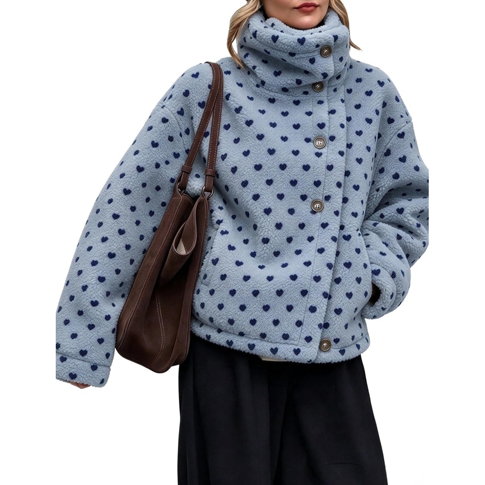 image:imageWomens Heart Print Sherpa Fleece Jacket Button Down Teddy CoatBlue