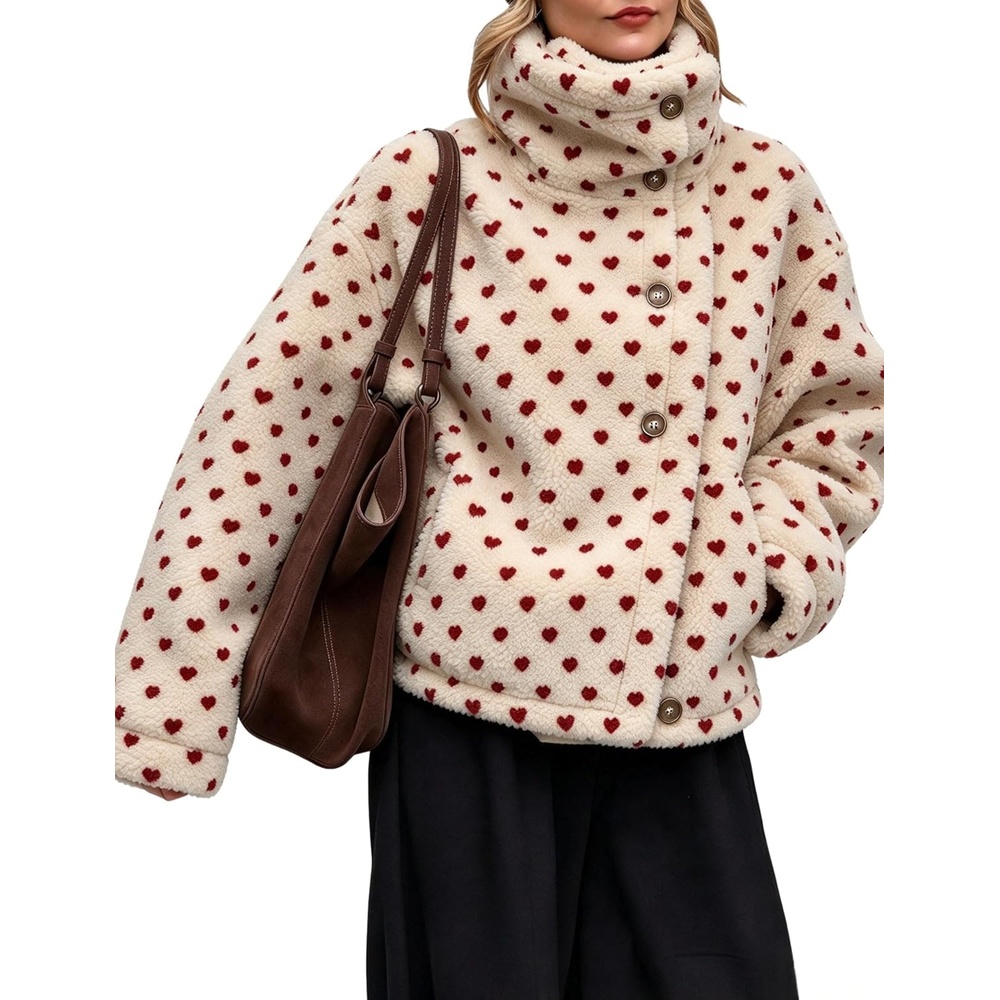 image:imageWomens Heart Print Sherpa Fleece Jacket Button Down Teddy CoatCream