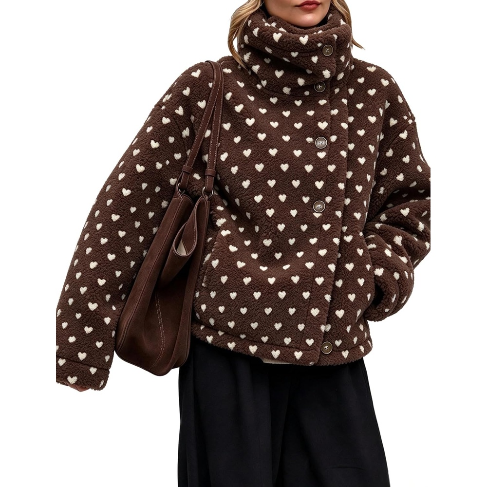 image:imageWomens Heart Print Sherpa Fleece Jacket Button Down Teddy CoatDarkbrown