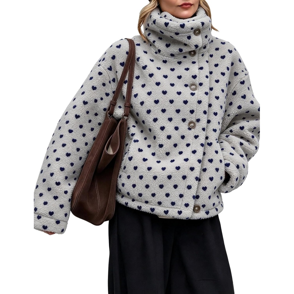 image:imageWomens Heart Print Sherpa Fleece Jacket Button Down Teddy CoatGrey
