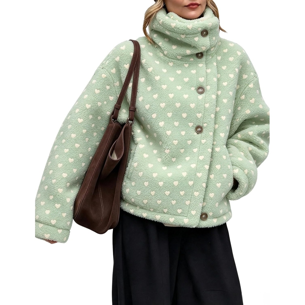 image:imageWomens Heart Print Sherpa Fleece Jacket Button Down Teddy CoatMintgreen