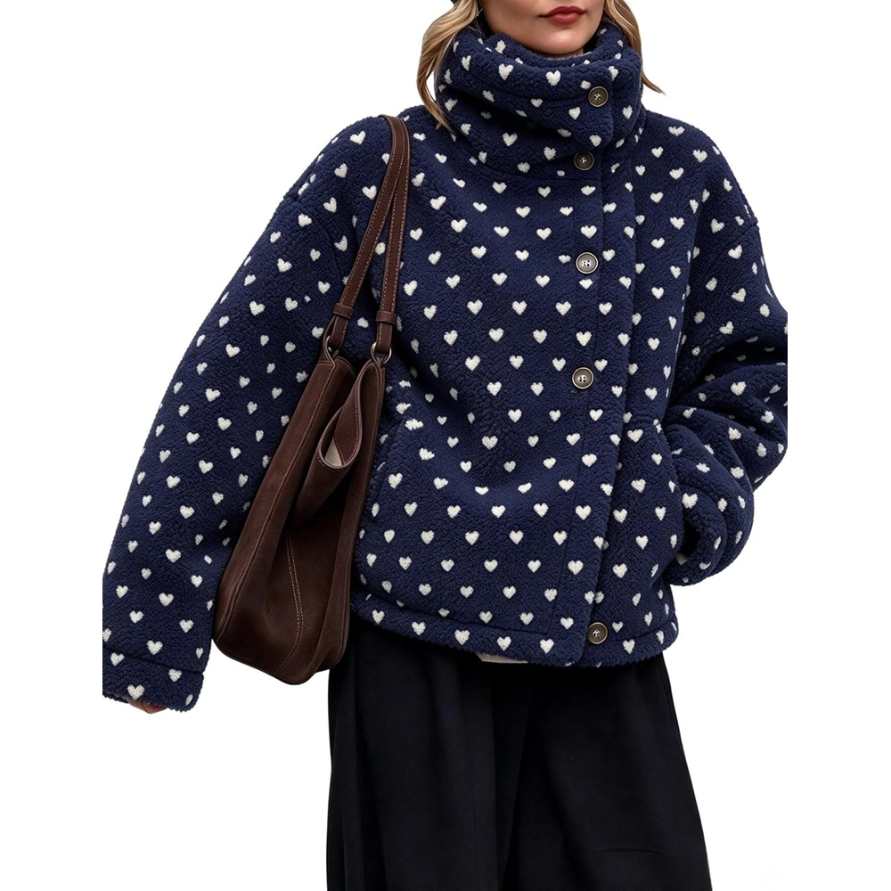 image:imageWomens Heart Print Sherpa Fleece Jacket Button Down Teddy CoatNavy