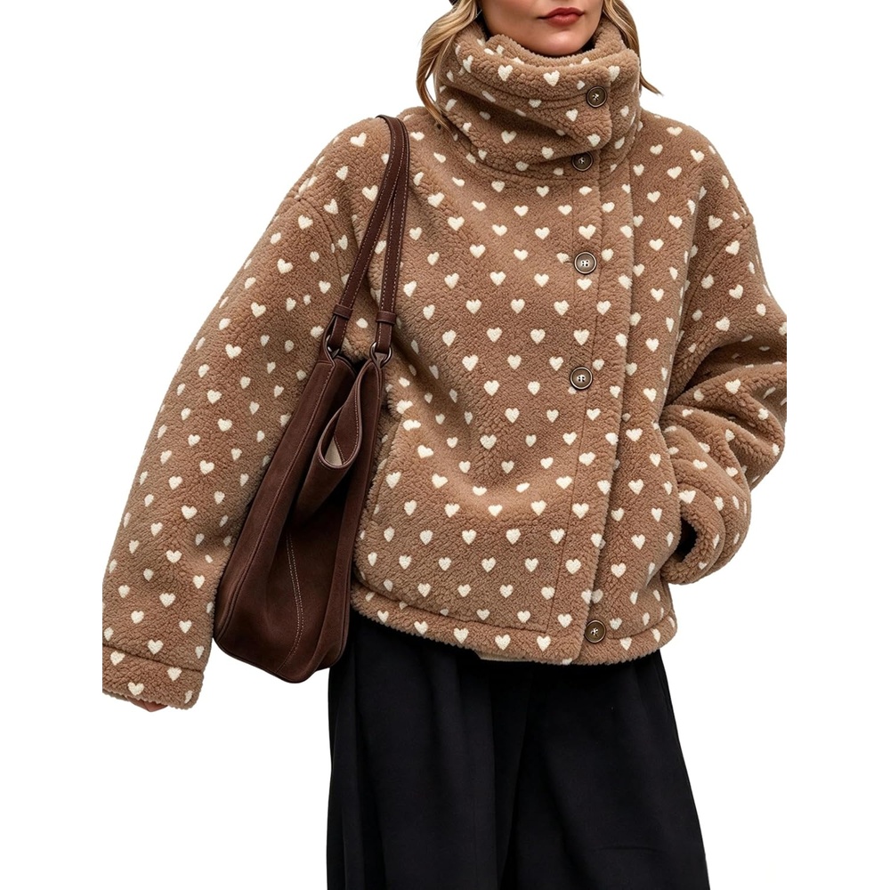 image:imageWomens Heart Print Sherpa Fleece Jacket Button Down Teddy CoatTaupe