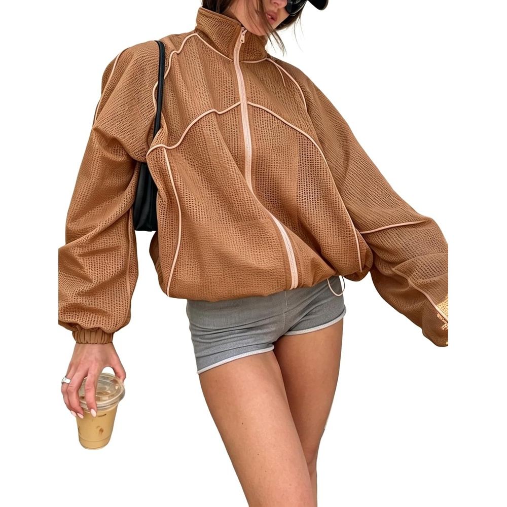 image:imageWomens Mesh Track Jacket Oversized Zip Up Lightweight CoatBrown
