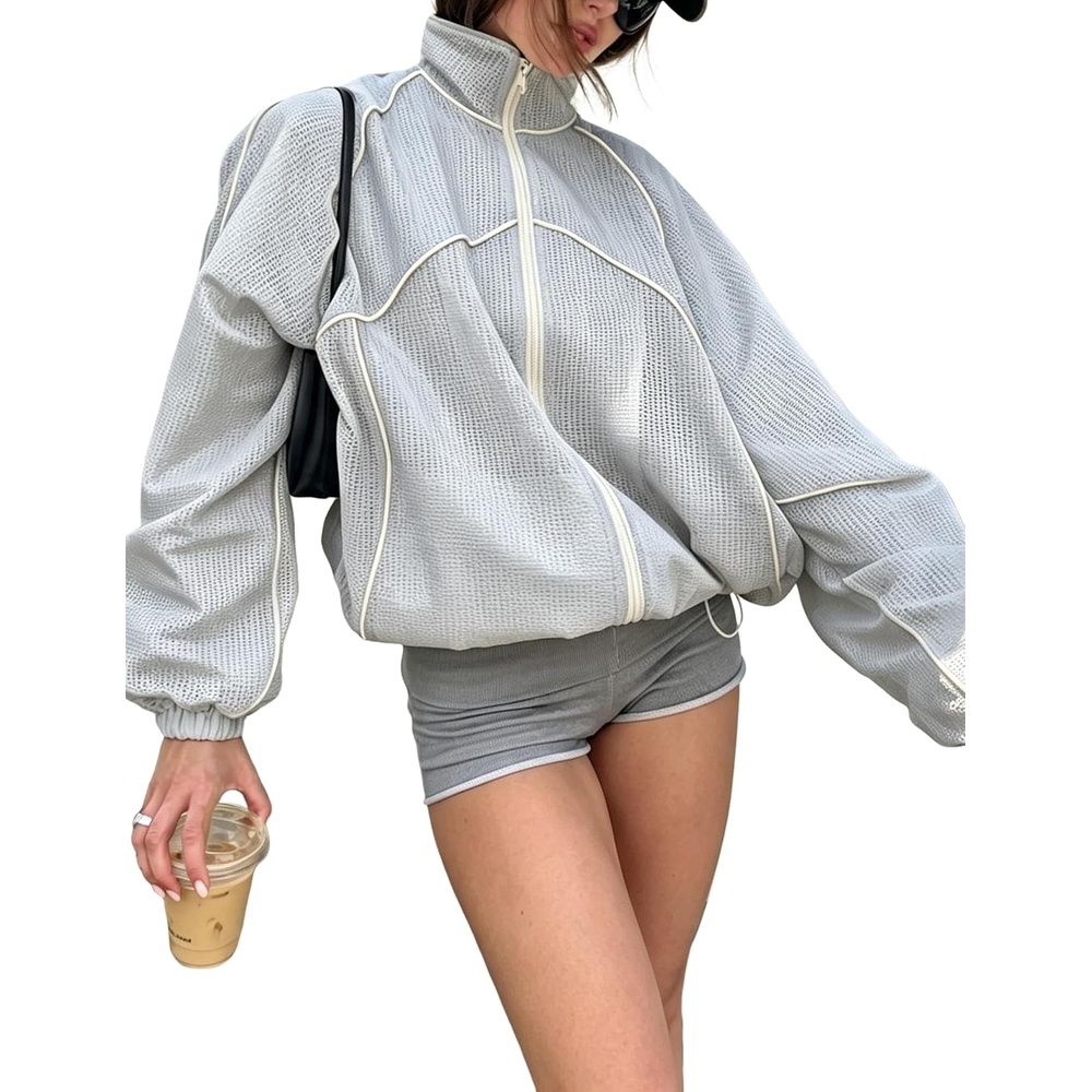 image:imageWomens Mesh Track Jacket Oversized Zip Up Lightweight CoatGrey