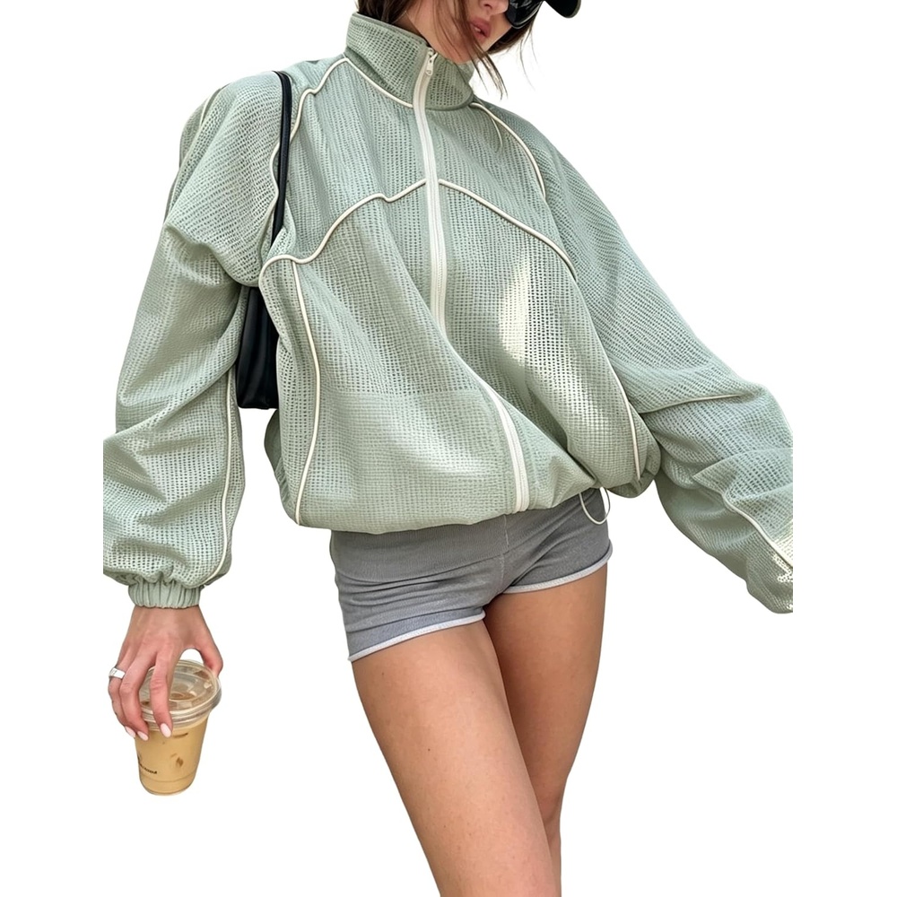 image:imageWomens Mesh Track Jacket Oversized Zip Up Lightweight CoatLightgreen