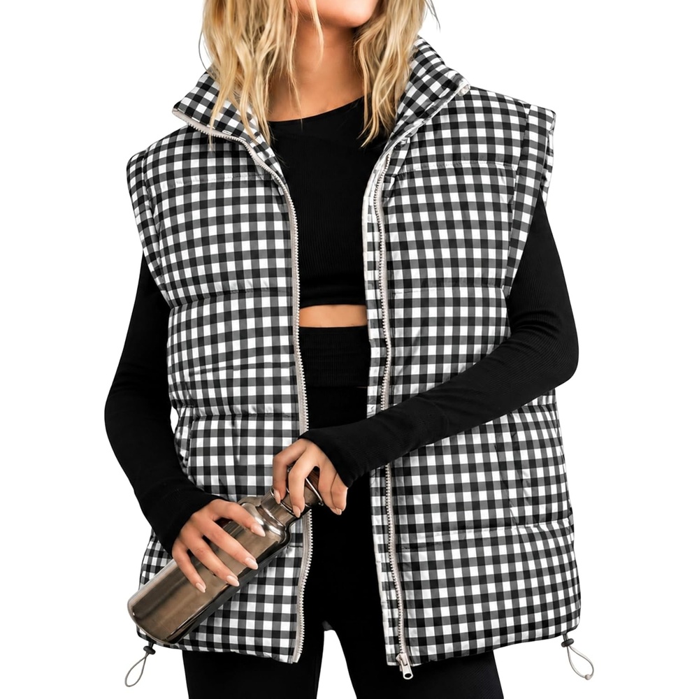 image:imageWomens Oversized Puffer Vest Gingham Sleeveless Paded Gilet JacketsBlack