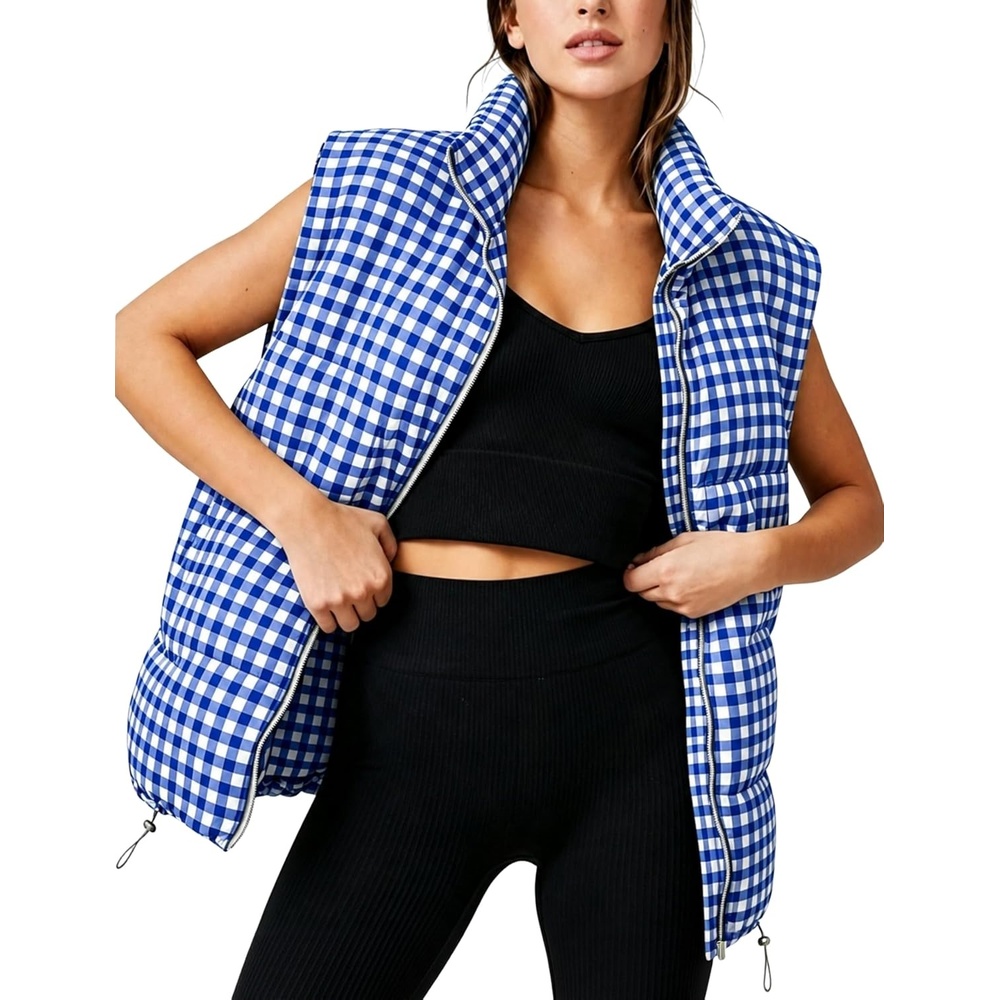 image:imageWomens Oversized Puffer Vest Gingham Sleeveless Paded Gilet JacketsNavy