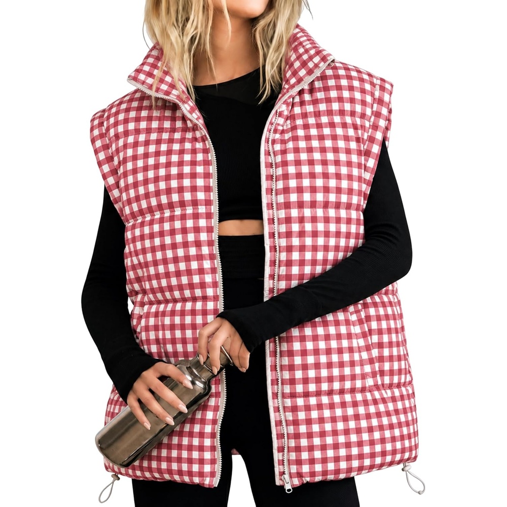 image:imageWomens Oversized Puffer Vest Gingham Sleeveless Paded Gilet JacketsRed