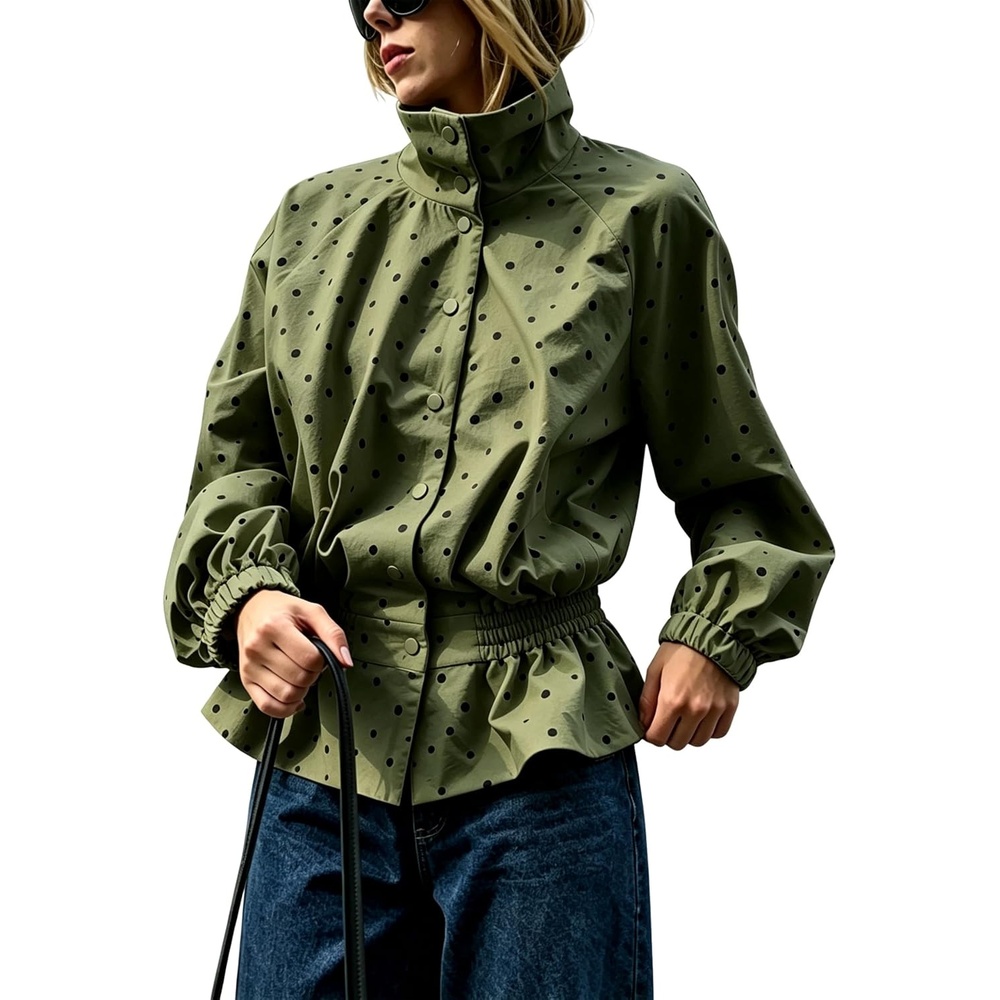 image:imageWomens Polka Dot Casual Funnel Neck Lightweight JacketsArmygreen