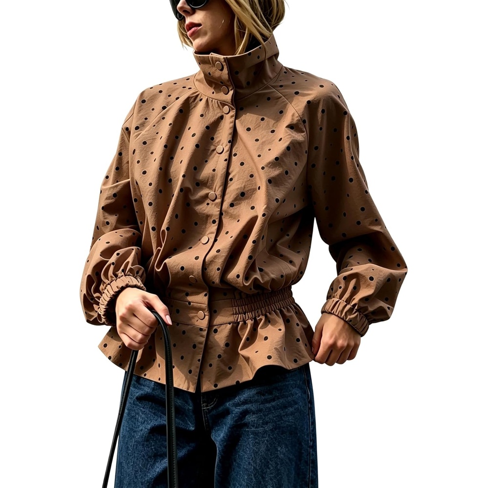 image:imageWomens Polka Dot Casual Funnel Neck Lightweight JacketsBrown