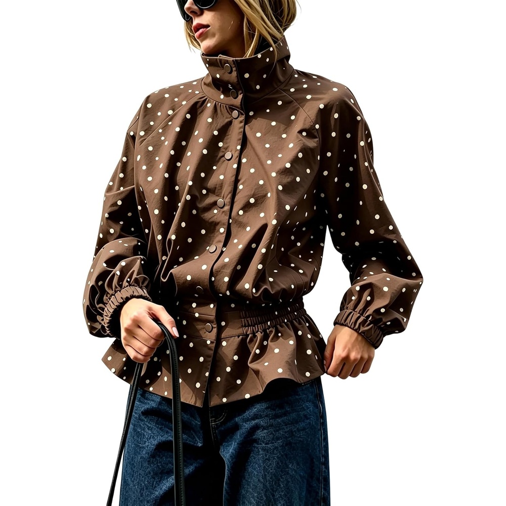 image:imageWomens Polka Dot Casual Funnel Neck Lightweight JacketsCoffee