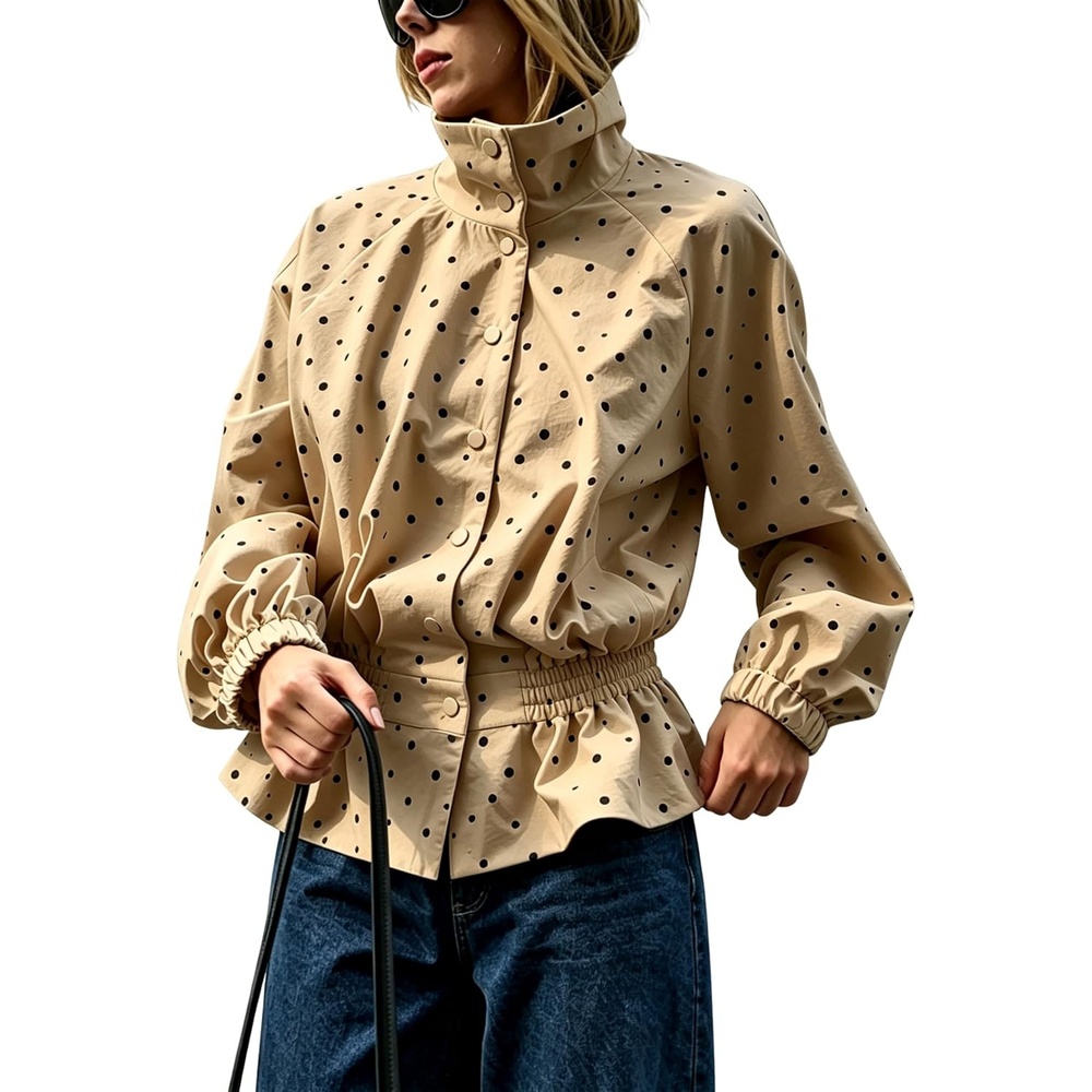 image:imageWomens Polka Dot Casual Funnel Neck Lightweight JacketsKhaki